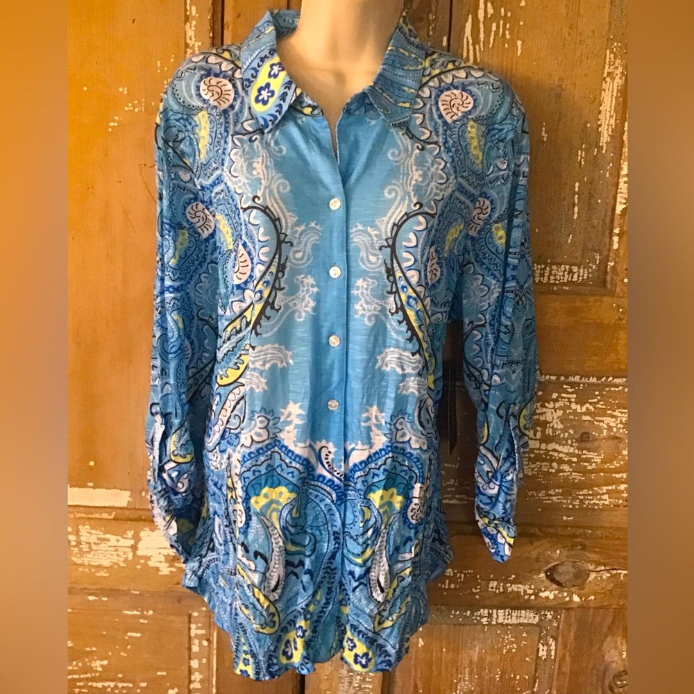 NWT $120 Tango Mango Top Blouse XL Blue Yellow Button roll tab sleeve